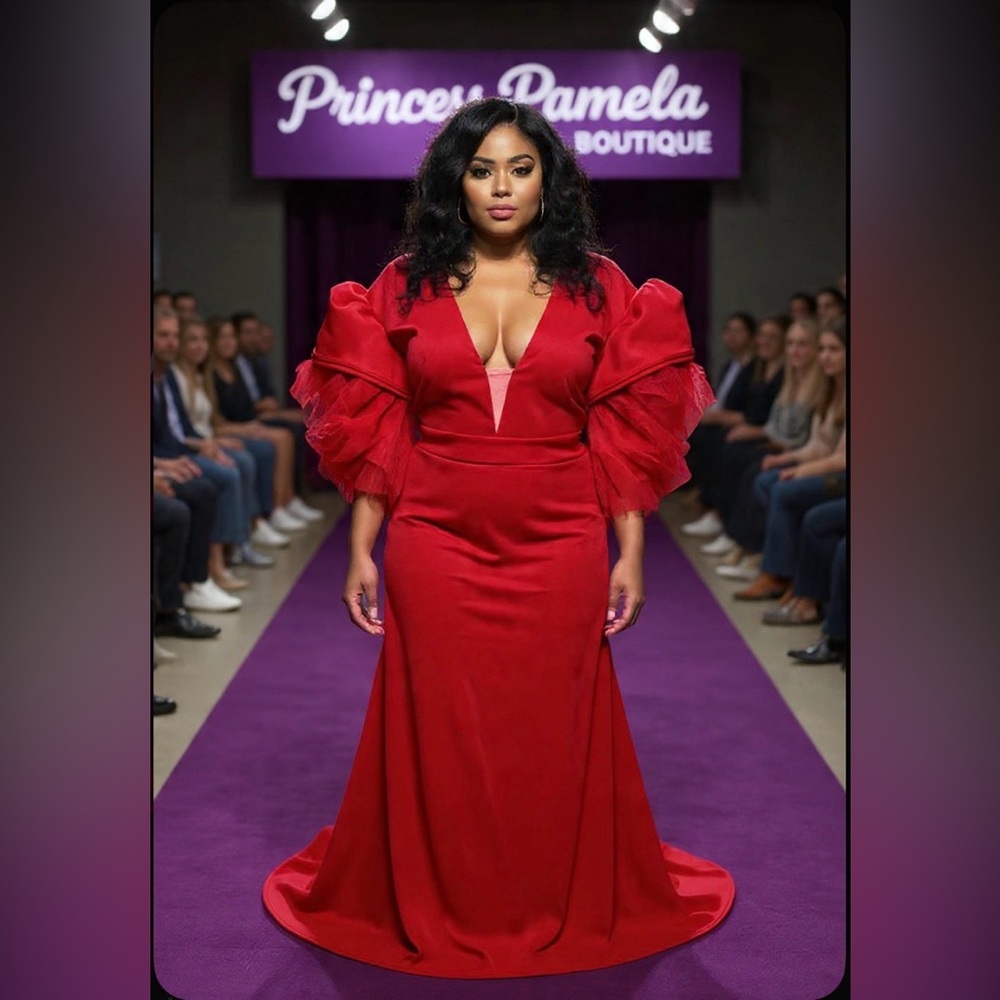 #623 Red Neoprene short tulle sleeve long dress-5X/26W